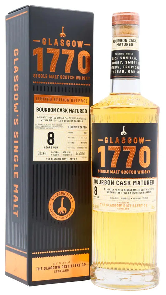 Glasgow 1770 - 8 year old Bourbon Cask Lightly Peated Single Malt Scotch 2017 Whisky 70cl 54% ABV0